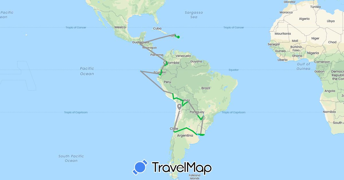 TravelMap itinerary: driving, bus, plane, boat in Argentina, Bolivia, Brazil, Chile, Colombia, Dominican Republic, Ecuador, Guatemala, Peru, Paraguay, Uruguay (North America, South America)